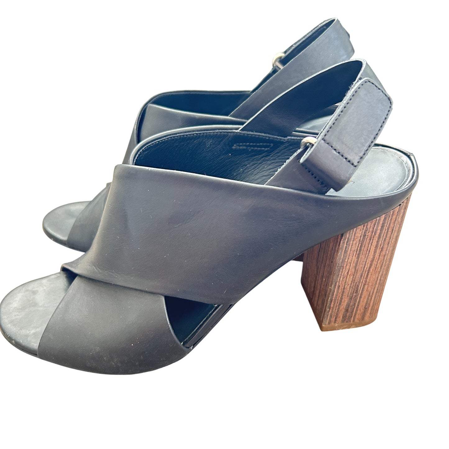 Vince Faine Black Leather Slingback Block Heel Sandal Shoes Womens Size 7.5