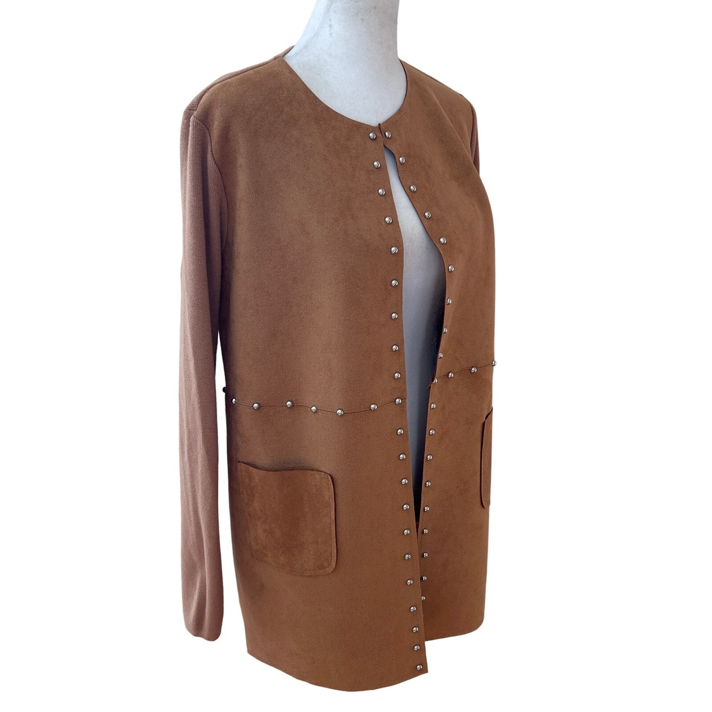 Sioni Caramel Brown Faux Suede and Knit Open Cardigan Womens Size Small NEW
