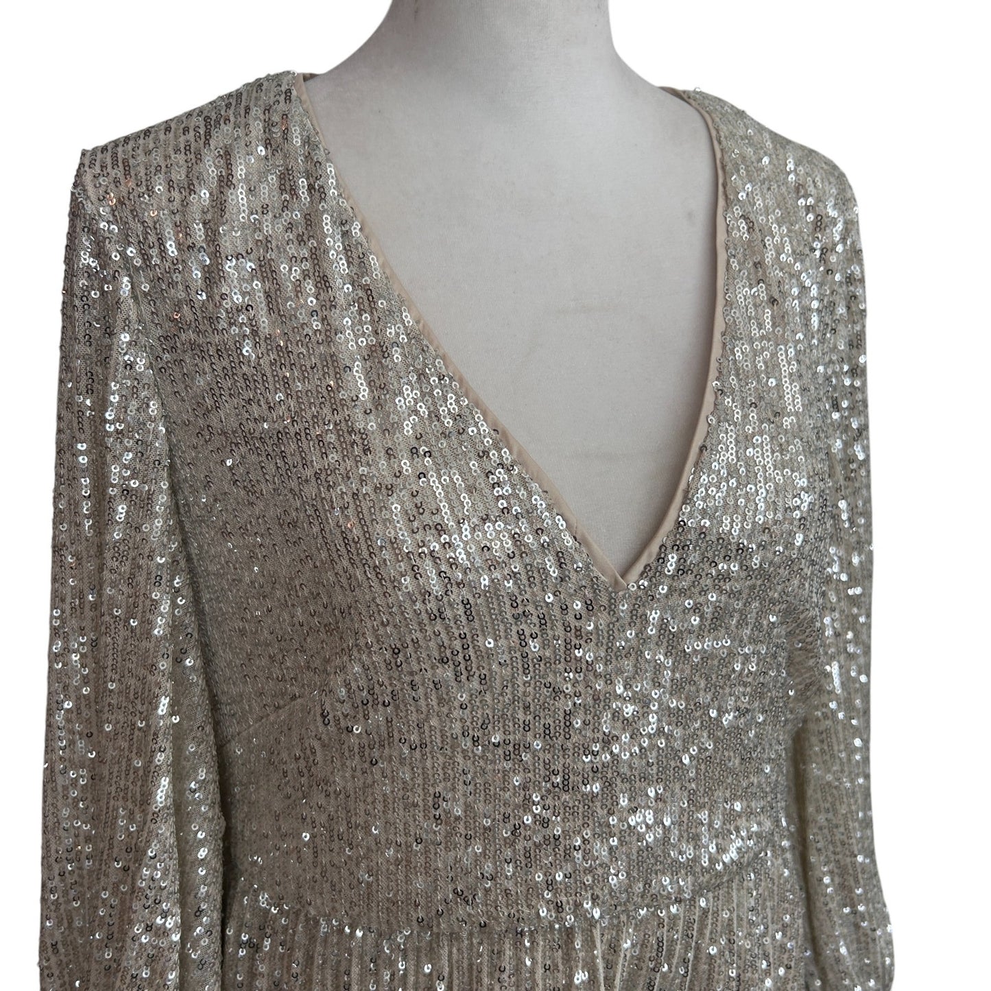 Eliza J Silver Sequined Balloon Sleeve Tiered Mini Dress EJ1M8892 Womens Size 10