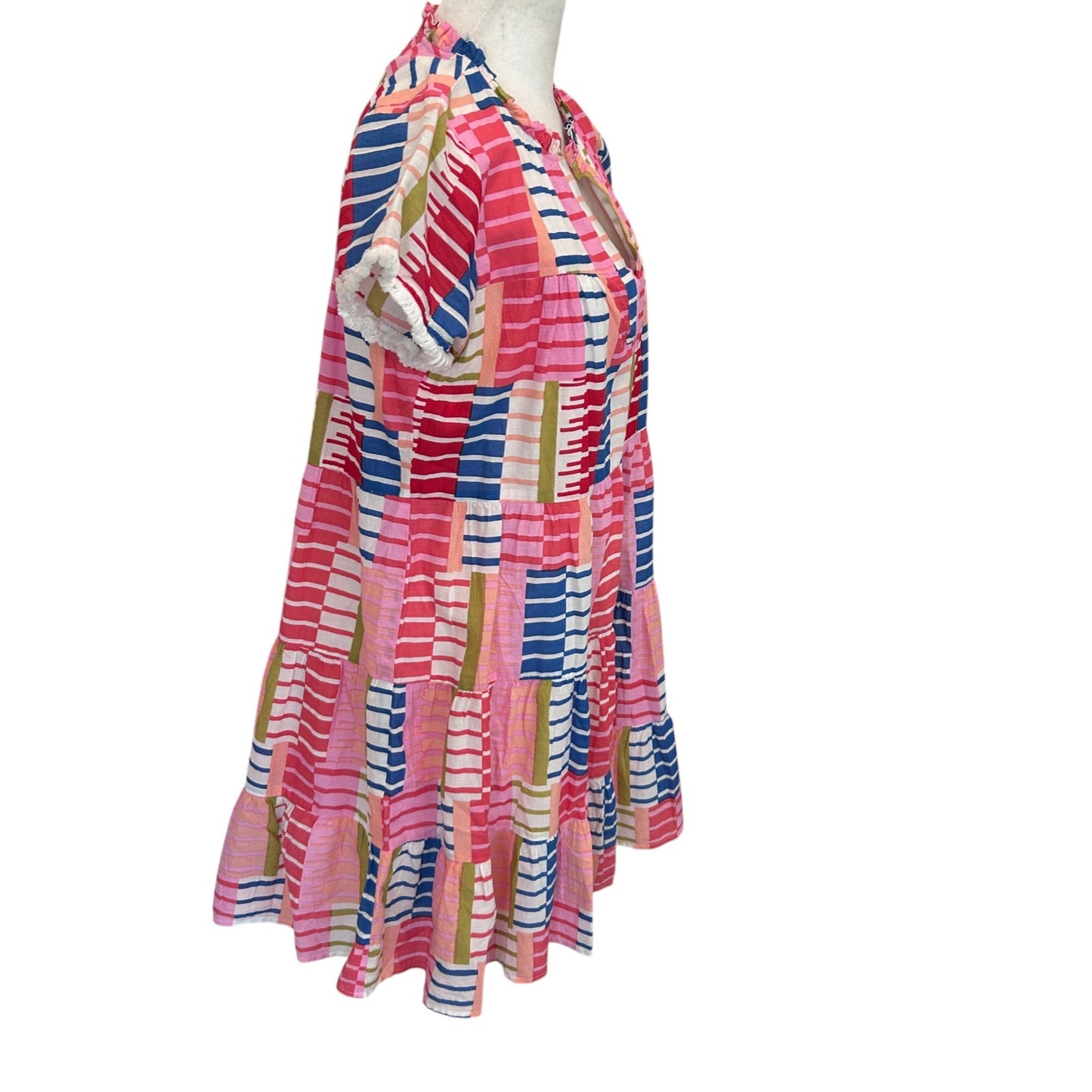 THML Pink, Green, Blue, White, Geometric Mini Ruffled Dress Womens Size Small
