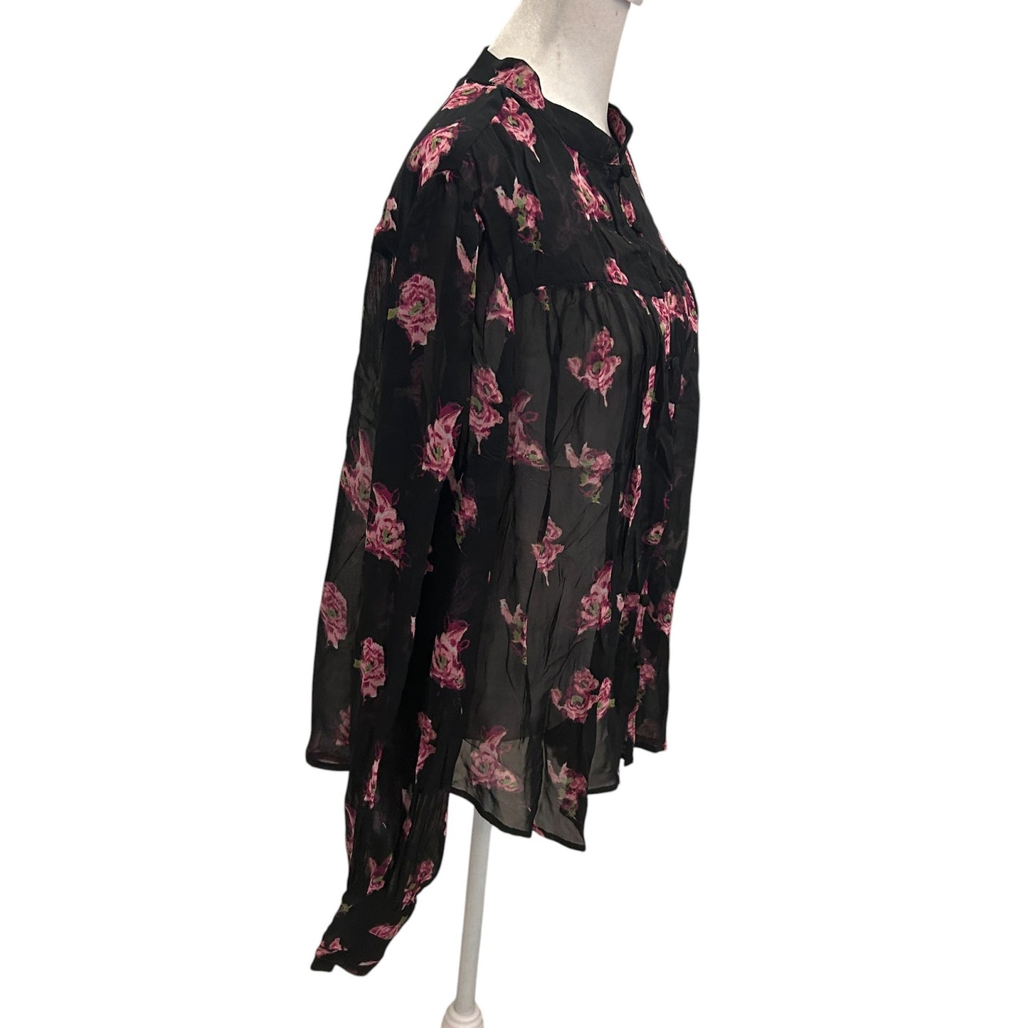 Anthropologie Black and Pink Floral Sheer Boho Flowy Blouse Womens Size Large