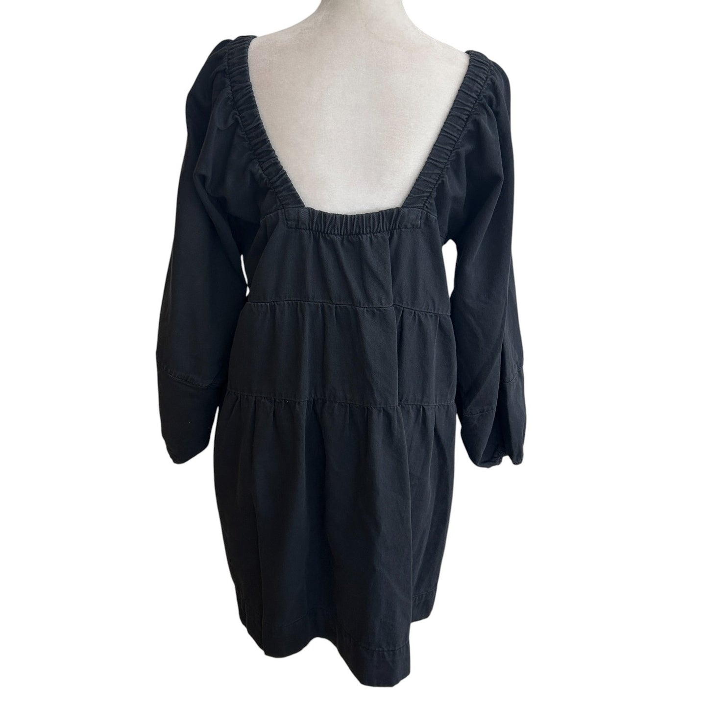 Free People Black Blue Jean Babydoll Dress Balloon Sleeve Womens Size Medium