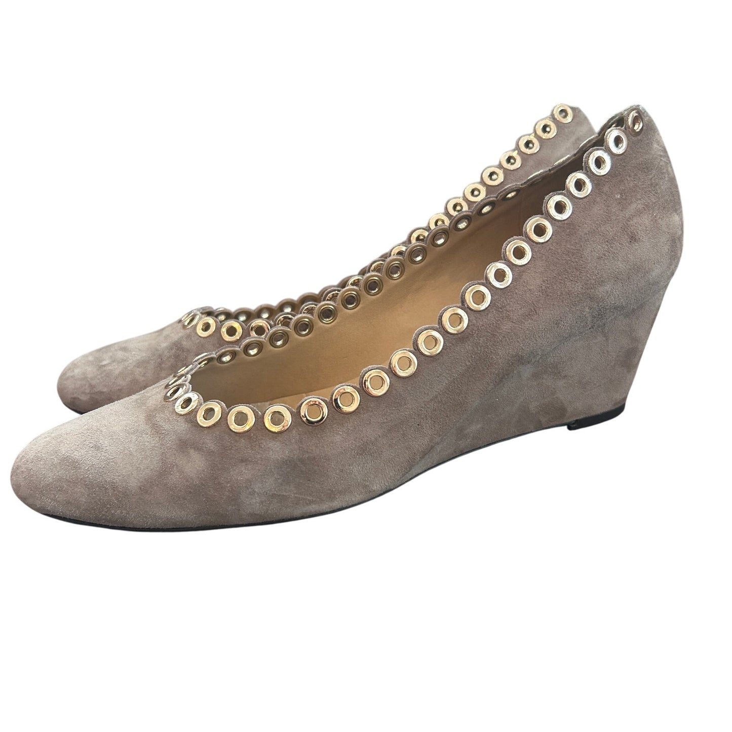 VANELi Deana Truffle Suede Brown Gold Metal Eyelet Trim Wedges Womens Size 8.5