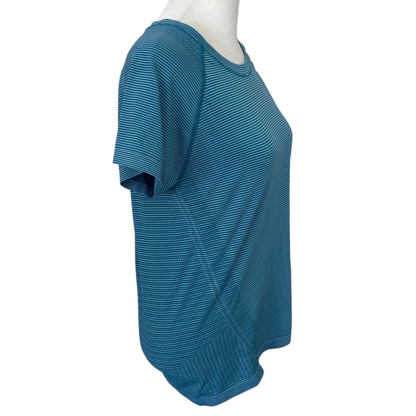 Athleta Teal Mini Stripe Momentum Seamless Short Sleeve Tee Womens Size Medium