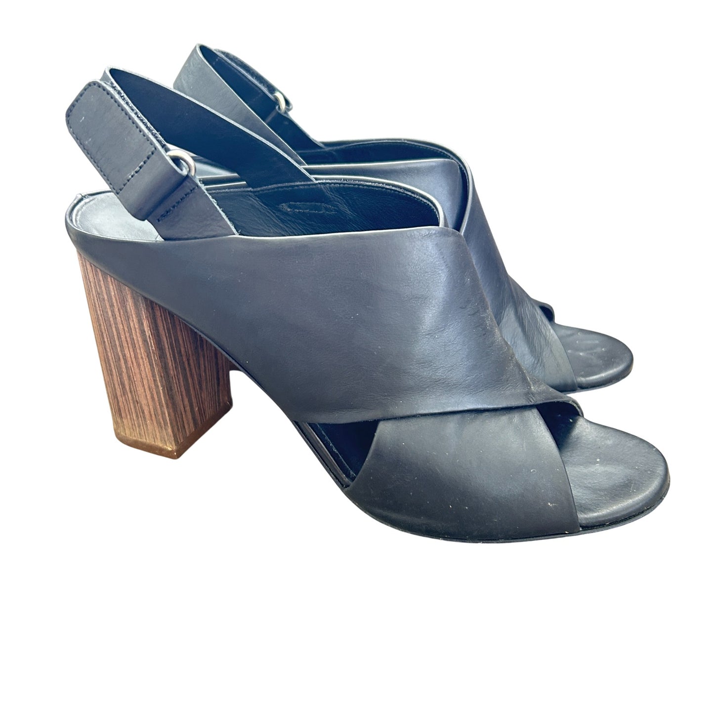 Vince Faine Black Leather Slingback Block Heel Sandal Shoes Womens Size 7.5