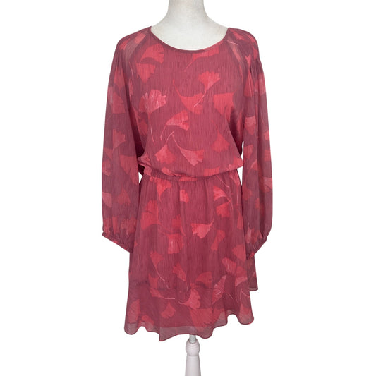 H Halton Pink Floral Long Sleeve Short Ruffled Dress Womens Size Large