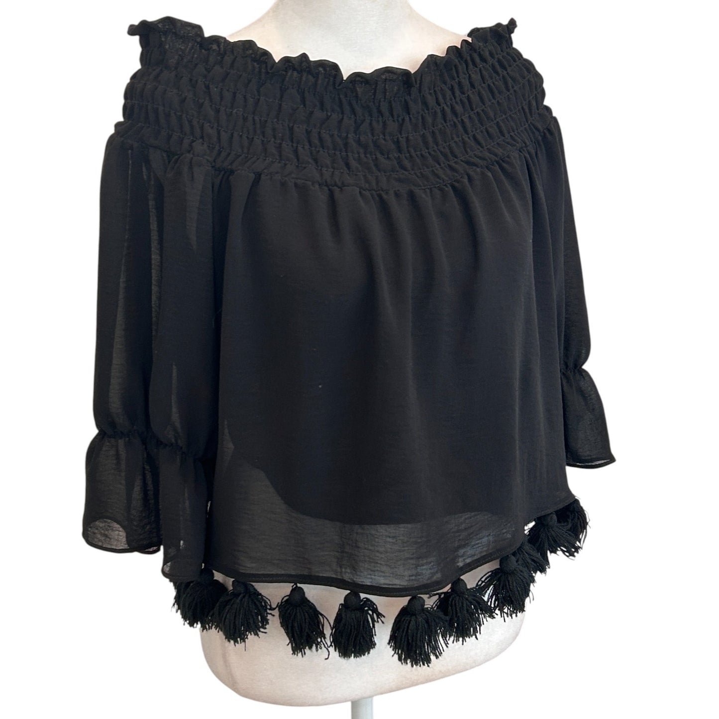 Misa Los Angeles Black Off The Shoulder Boho Top Tassle Hem Womens Size Small