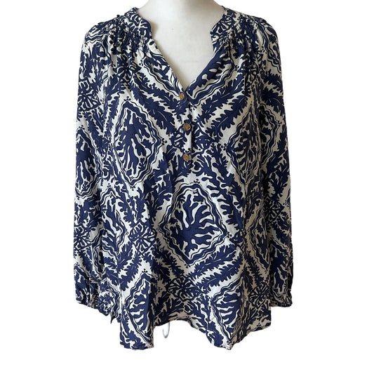 Lilly Pulitzer Elsa Silk Top Navy Blue and White Coral Design Beachy Size Small
