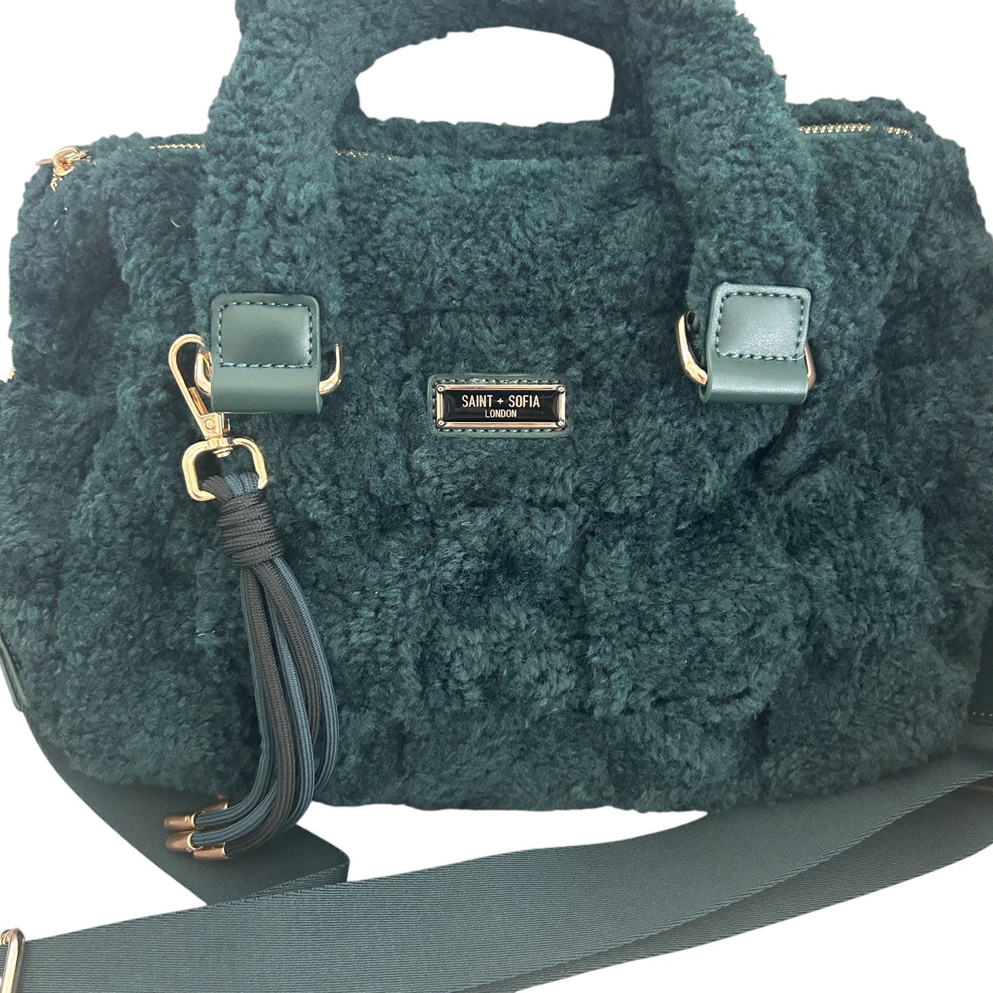 Saint + Sofia Hunter Green Fleece and Leather Shoulder Top Handle Bag
