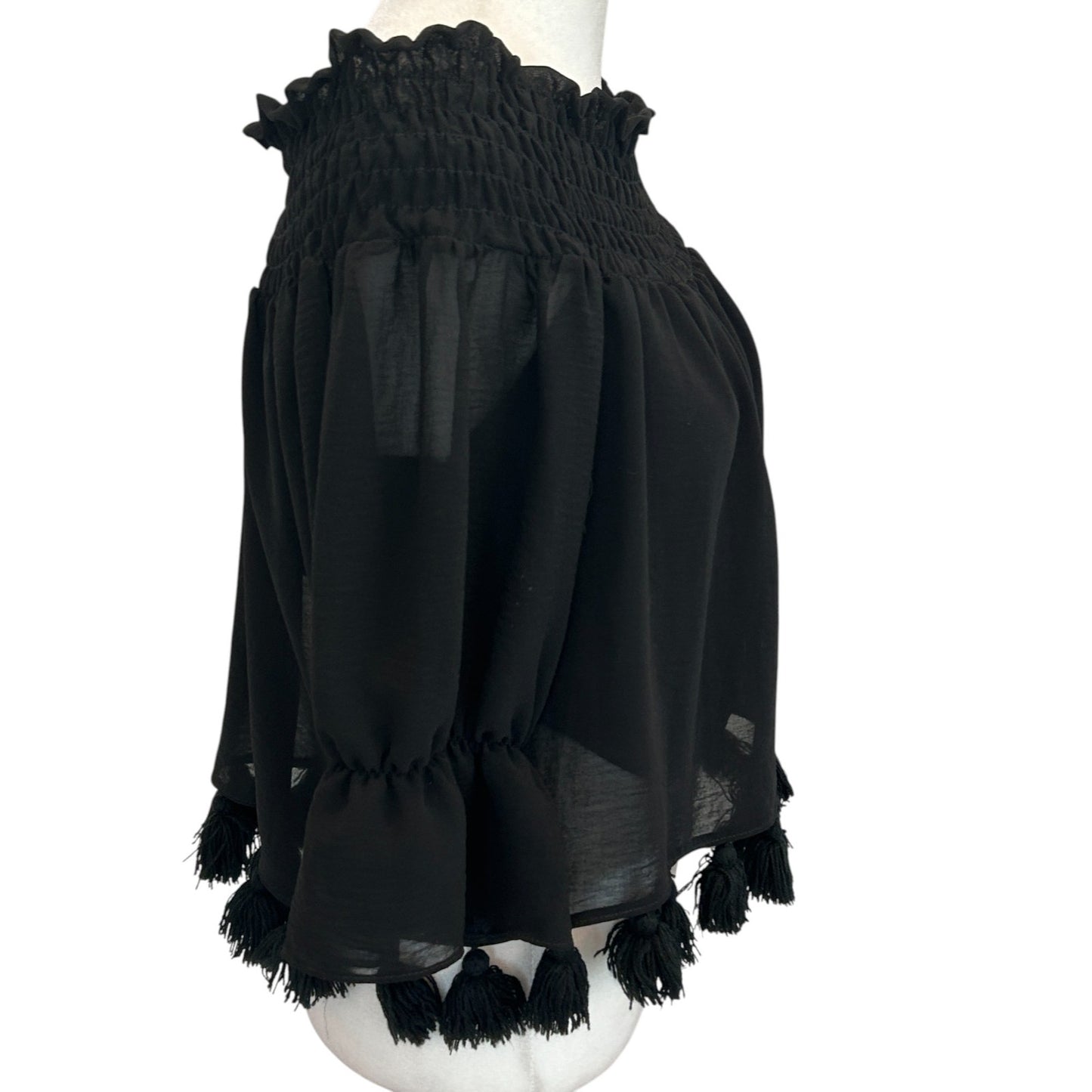 Misa Los Angeles Black Off The Shoulder Boho Top Tassle Hem Womens Size Small