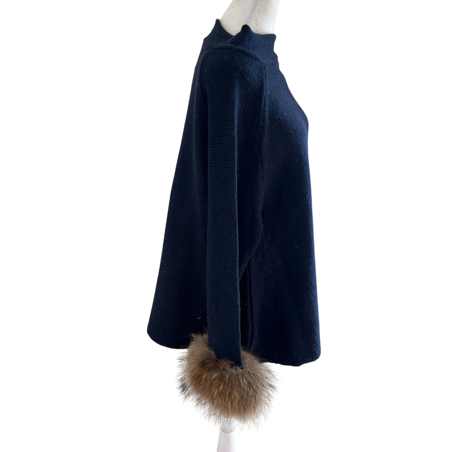 Muche et Muchette Navy Blue Turtleneck Sweater Raccoon Fur Cuffs Womens One Size