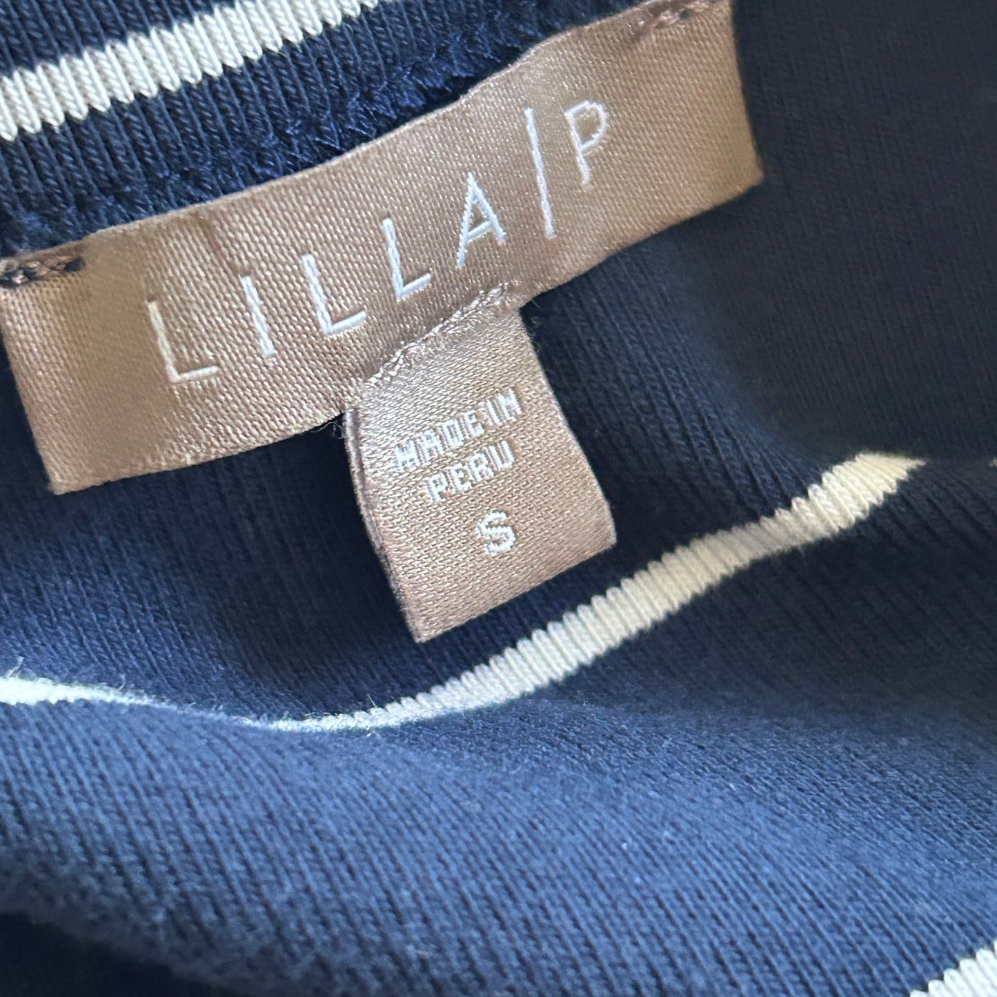 Lilla P Navy Blue and White Striped Long Sleeve Pullover Top Womens Size Small