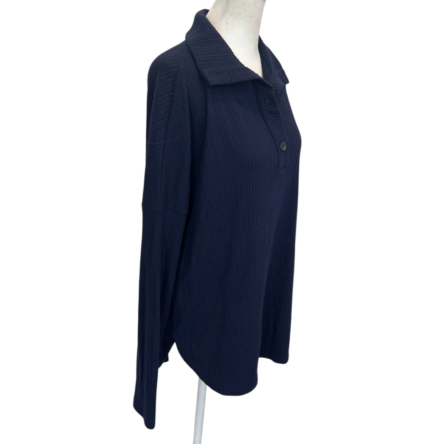 Michael Stars Navy Blue Ribbed Long Sleeve Collared Polo Top Womens Size Medium
