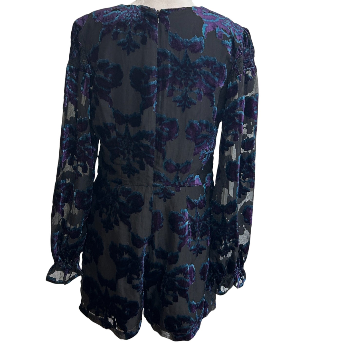 Adelyn Rae Black Blue Purple Floral Long Sleeve Shorts Romper Womens Size Medium