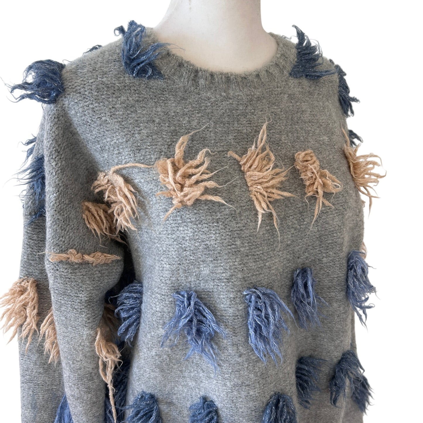 THML Gray, Blue, Tan Fringed Long Sleeve Pullover Sweater Womens Size Small