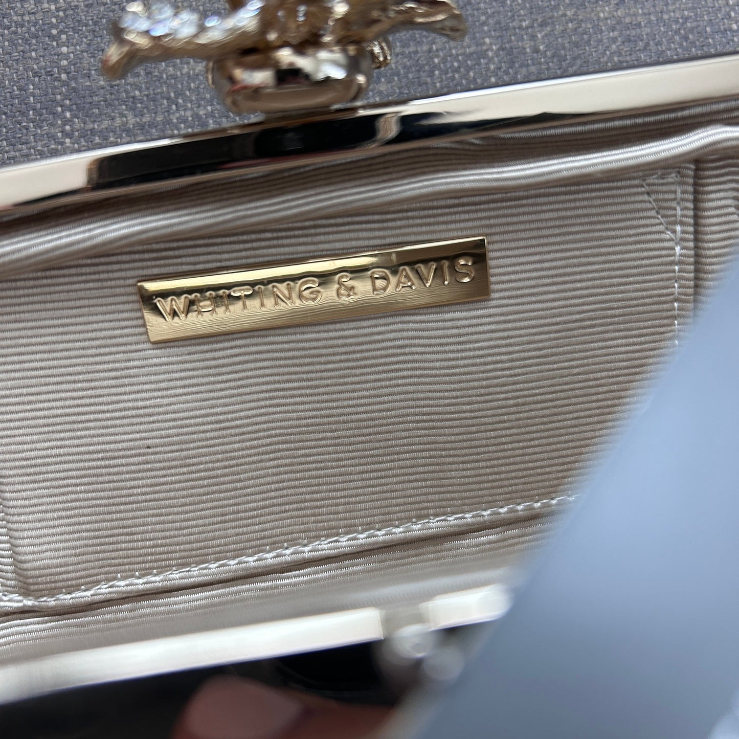 Whiting & Davis NWT Ivory and Gold Beaded Clutch With Chain Strap NEW