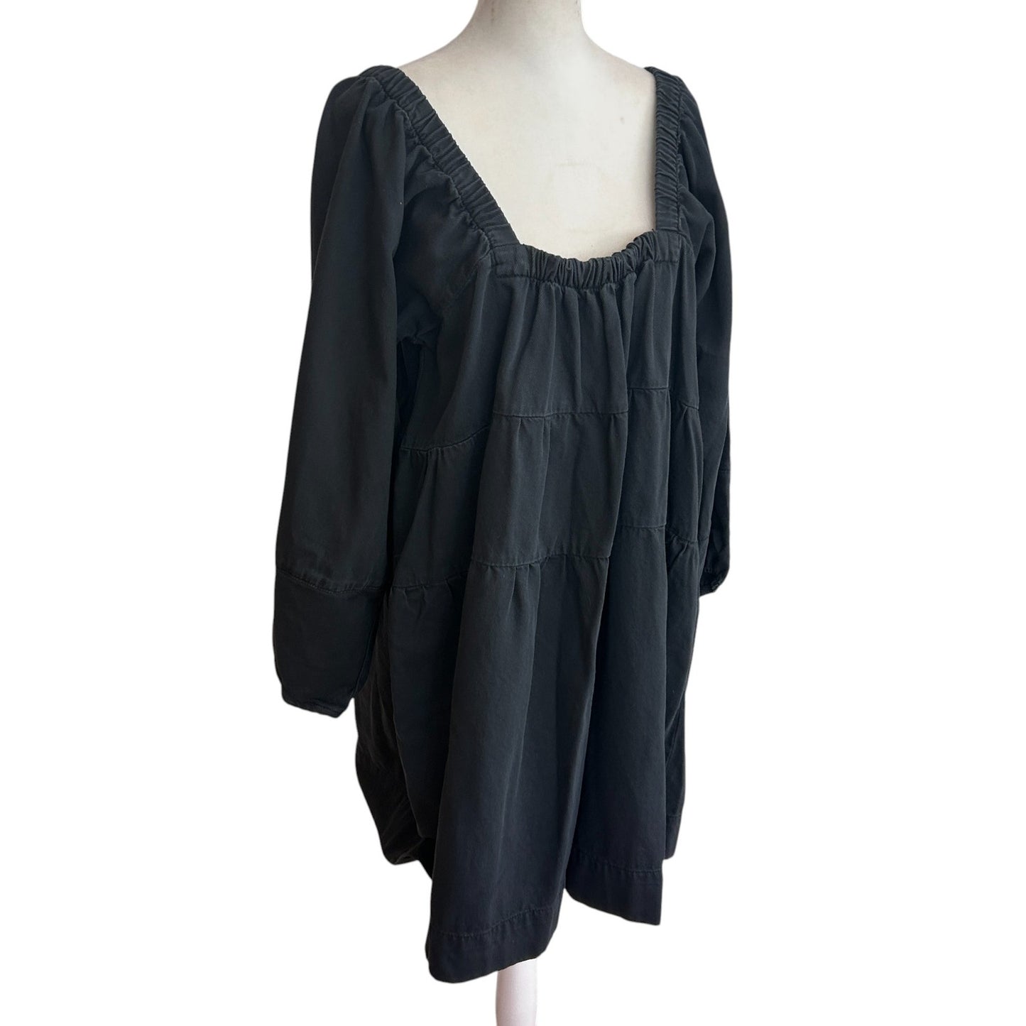 Free People Black Blue Jean Babydoll Dress Balloon Sleeve Womens Size Medium