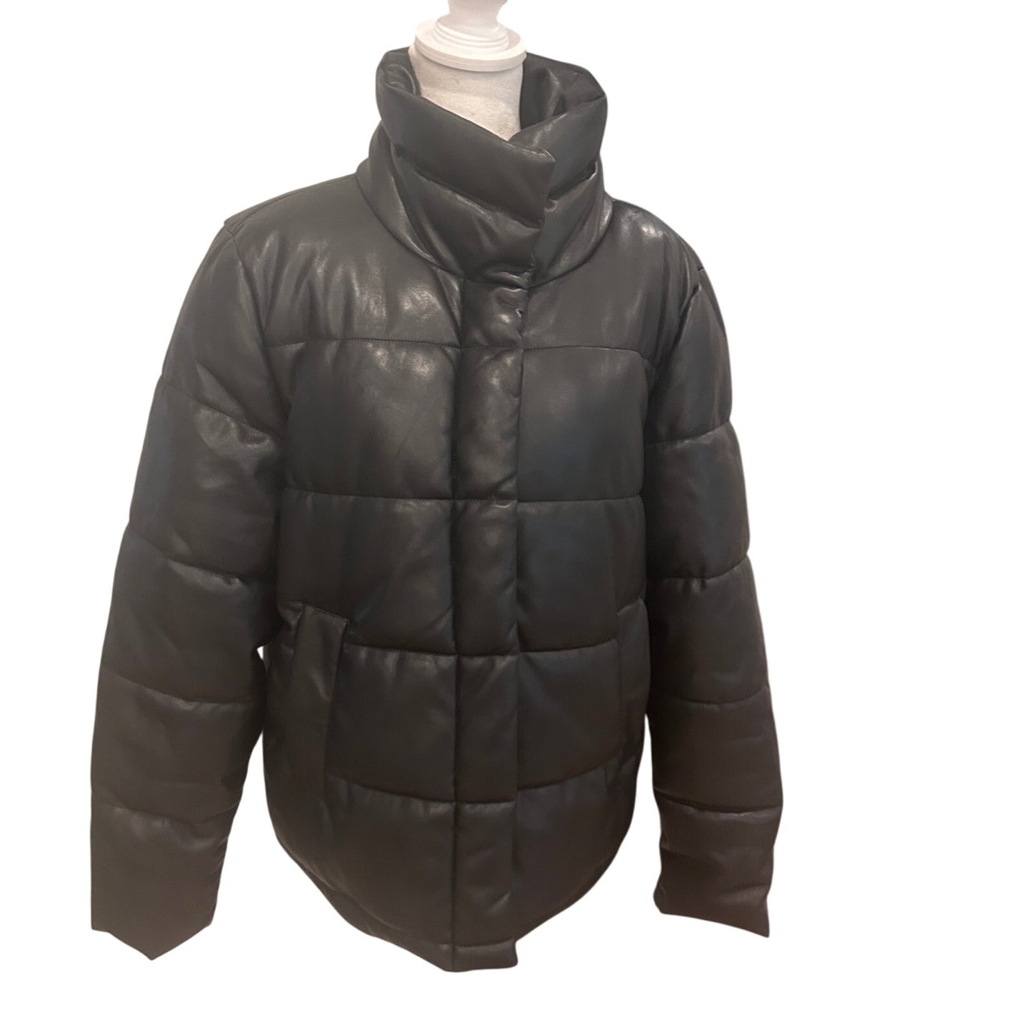 Avec Les Filles Black Faux Leather Quilted Puffer Jacket Womens Size Large