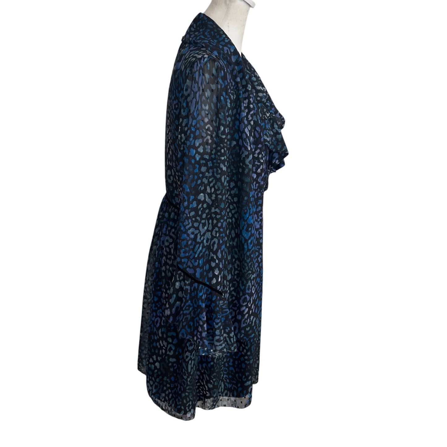 Laundry by Shelli Segal Blue Black Cheetah V-Neck Ruffled Dress Womens Size 8