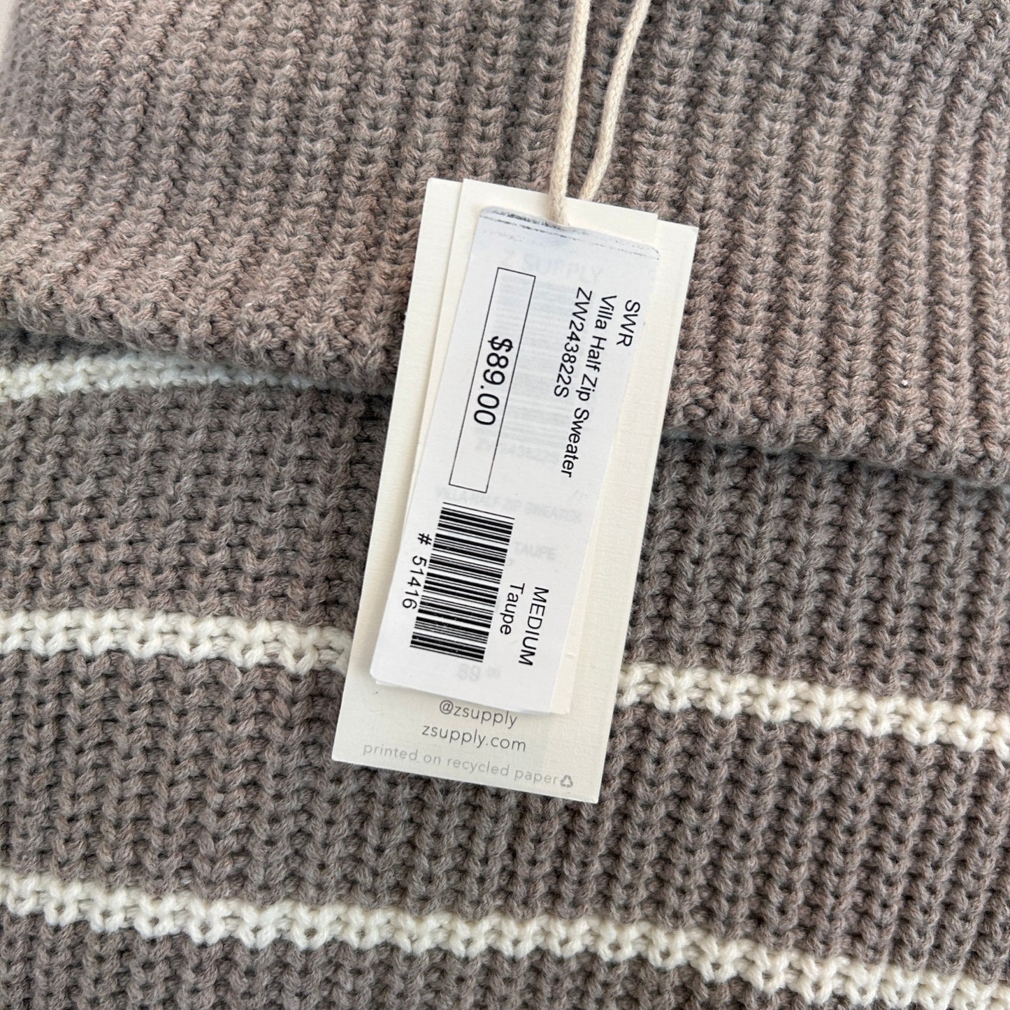 Z Supply NWT Villa Half Zip Sweater Taupe and White Stripe Womens Size Medium