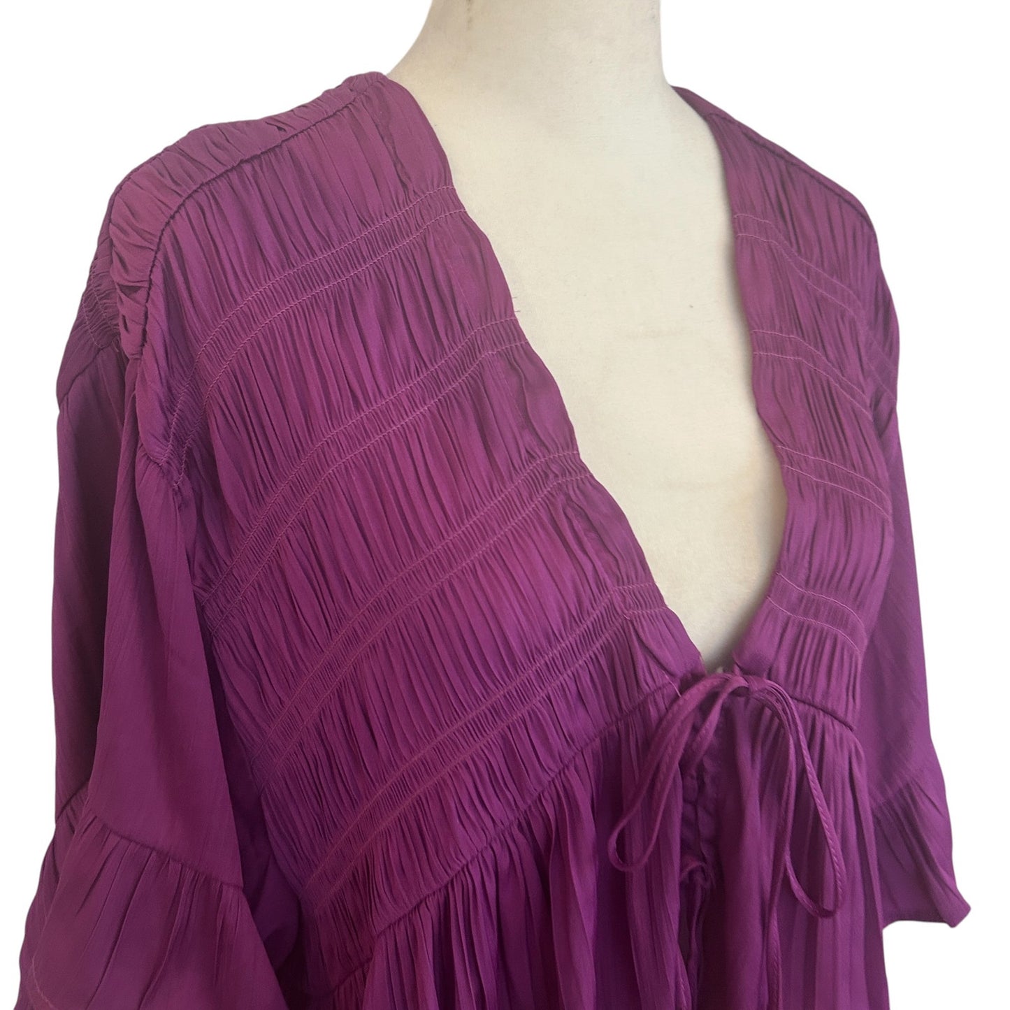 Anthropologie Magenta V-Neck Ruched Ruffled Boho Top Blouse Womens Size XS