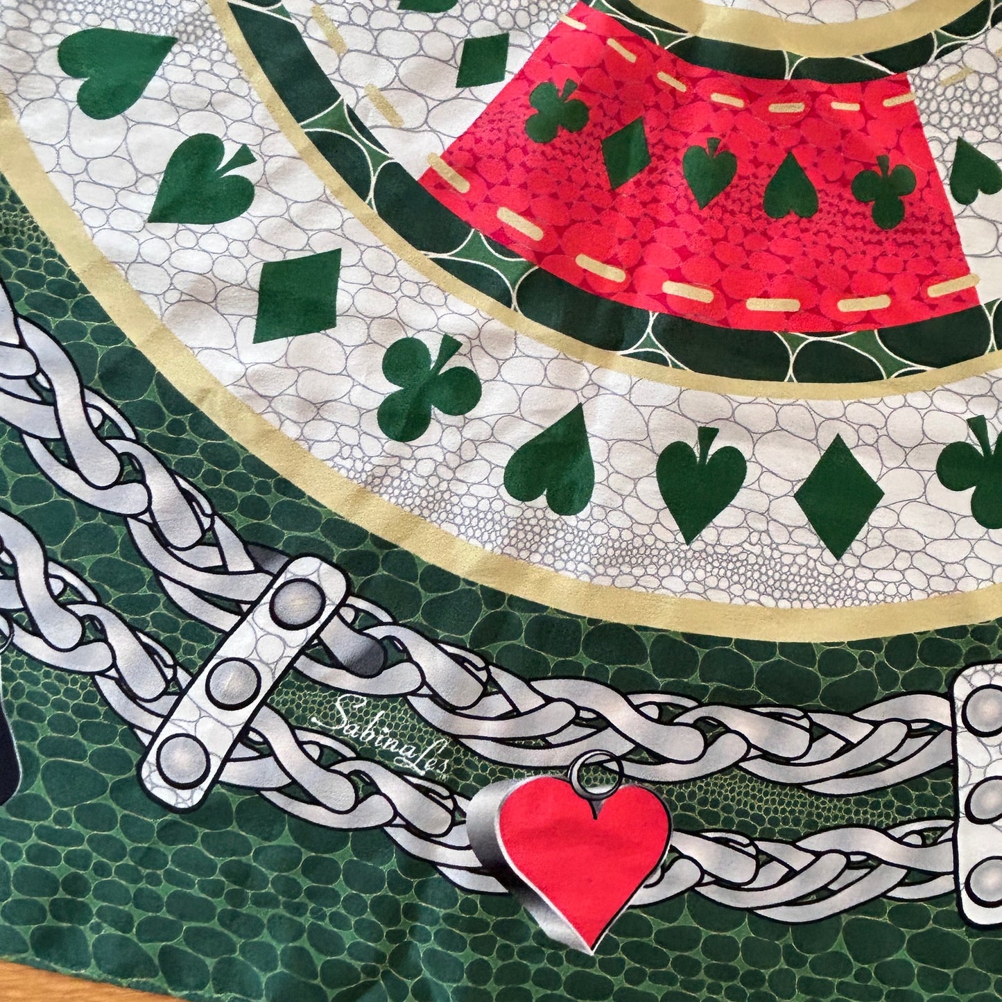 Sabina Les 100% Silk Scarf Green, Yellow, Red Clubs Diamonds Hearts Spades NWT