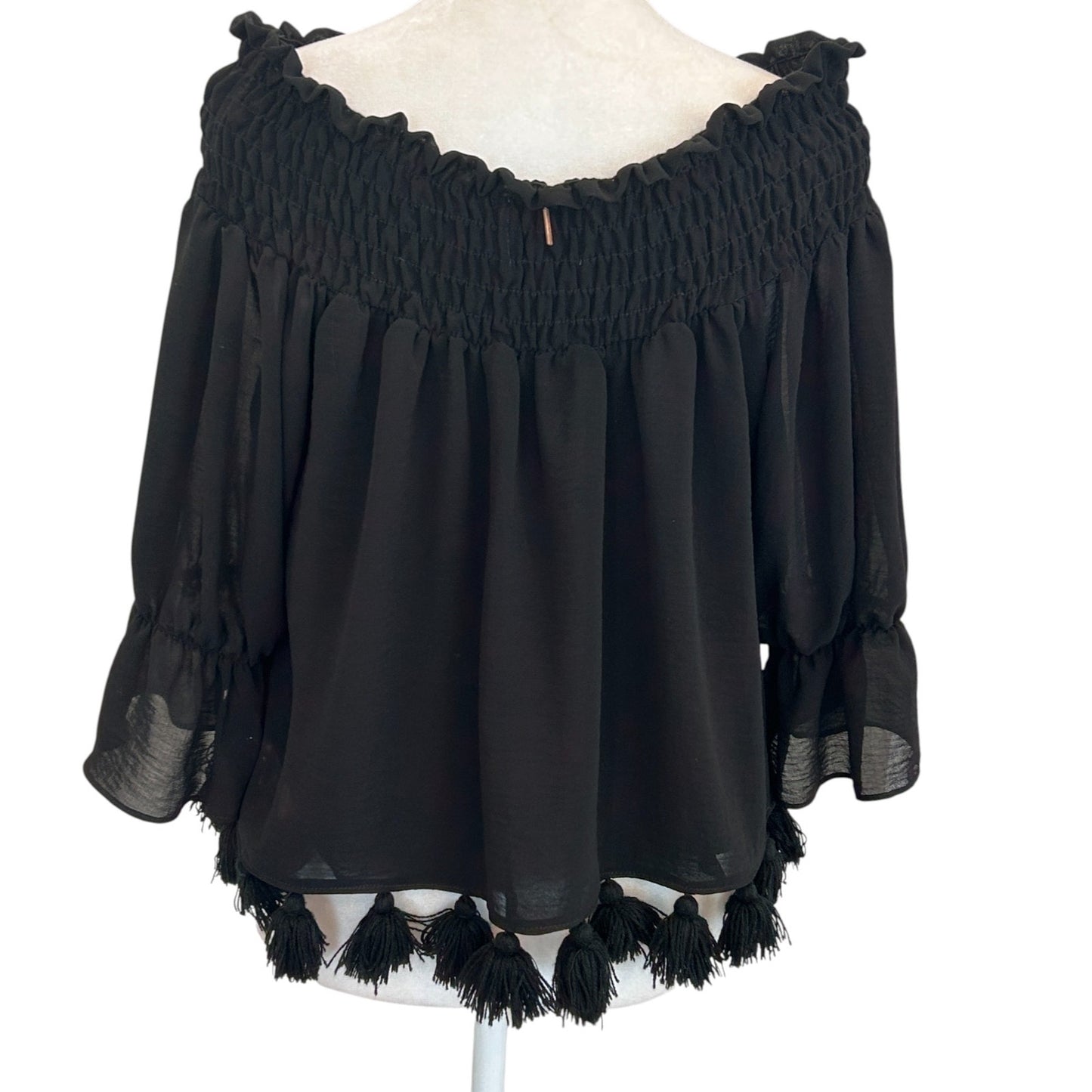 Misa Los Angeles Black Off The Shoulder Boho Top Tassle Hem Womens Size Small