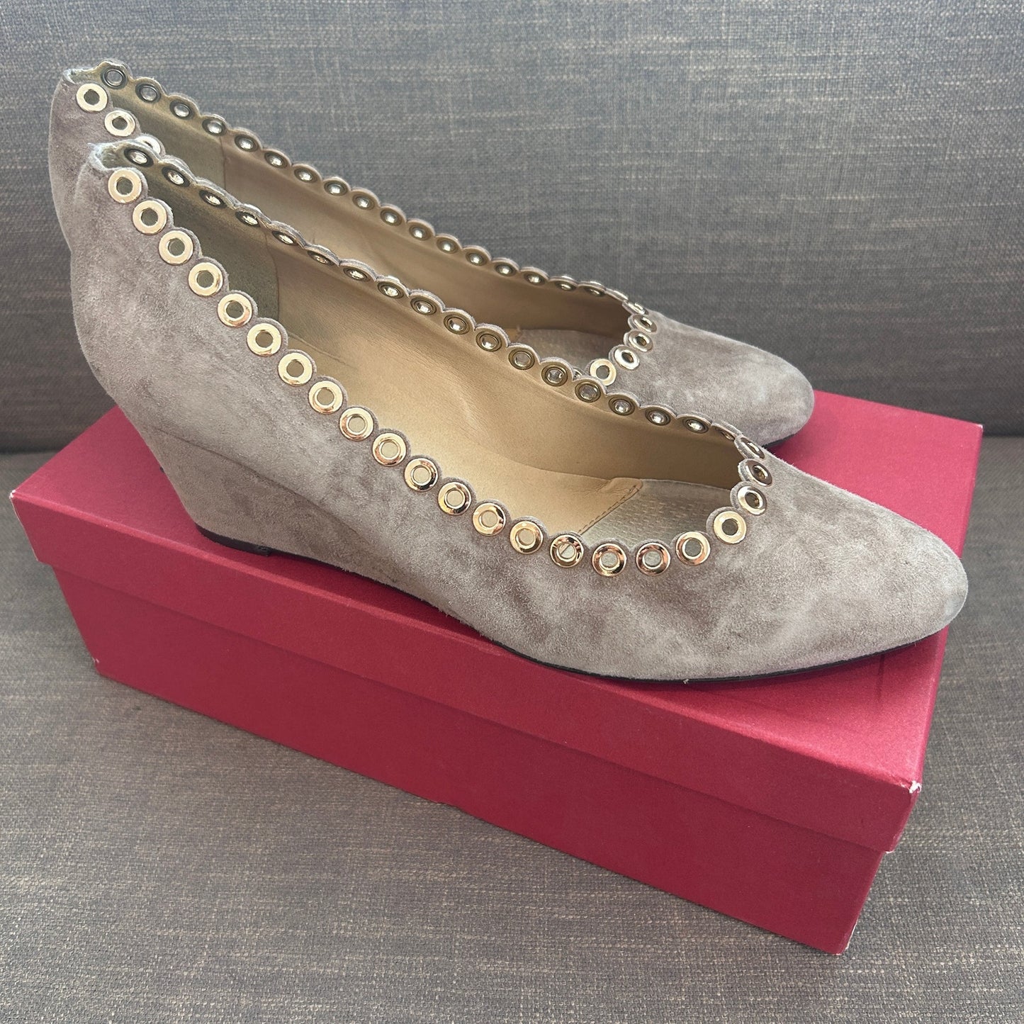 VANELi Deana Truffle Suede Brown Gold Metal Eyelet Trim Wedges Womens Size 8.5