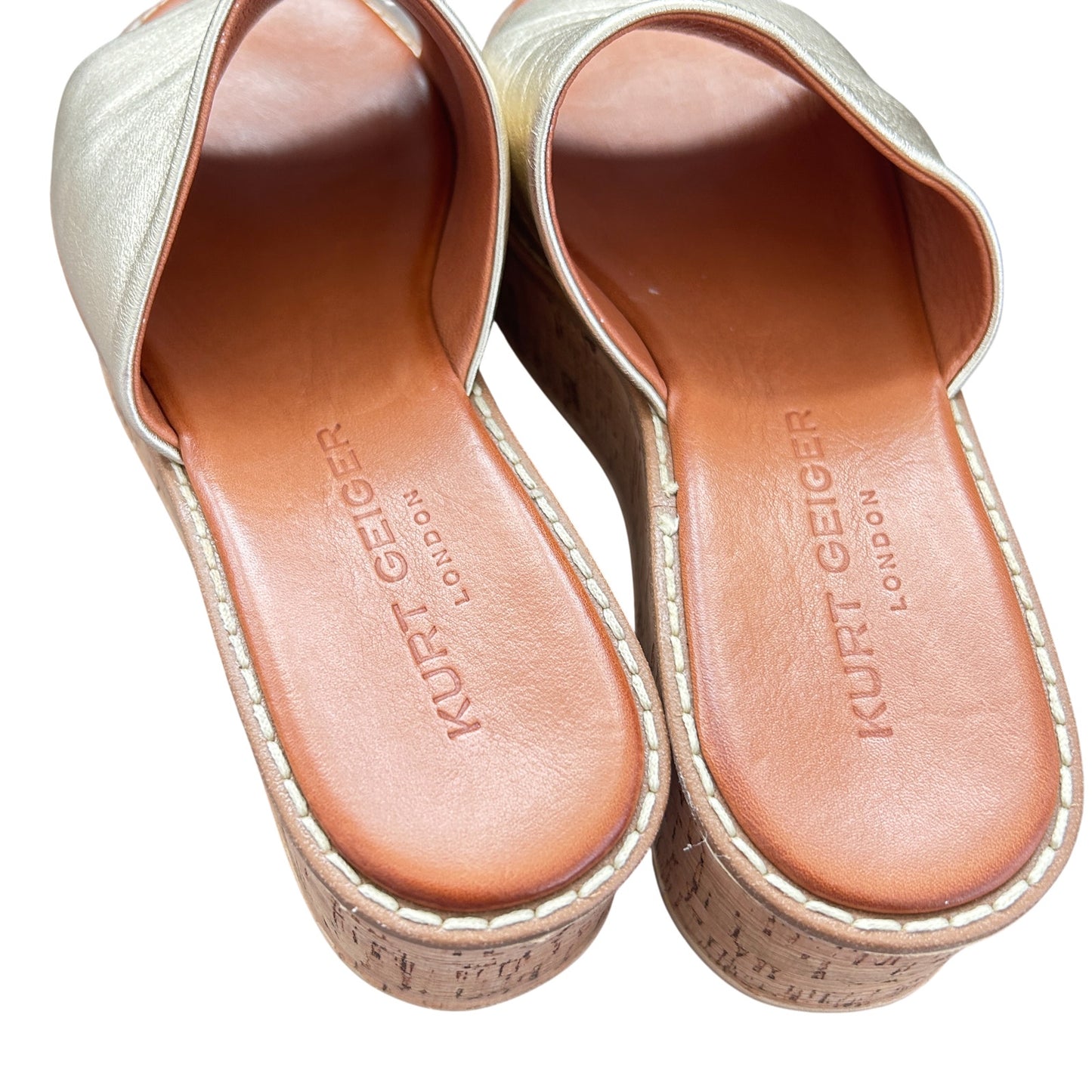 Kurt Geiger Maci Gold Leather Cork Heel Platform Slide Sandals Womens Size 7