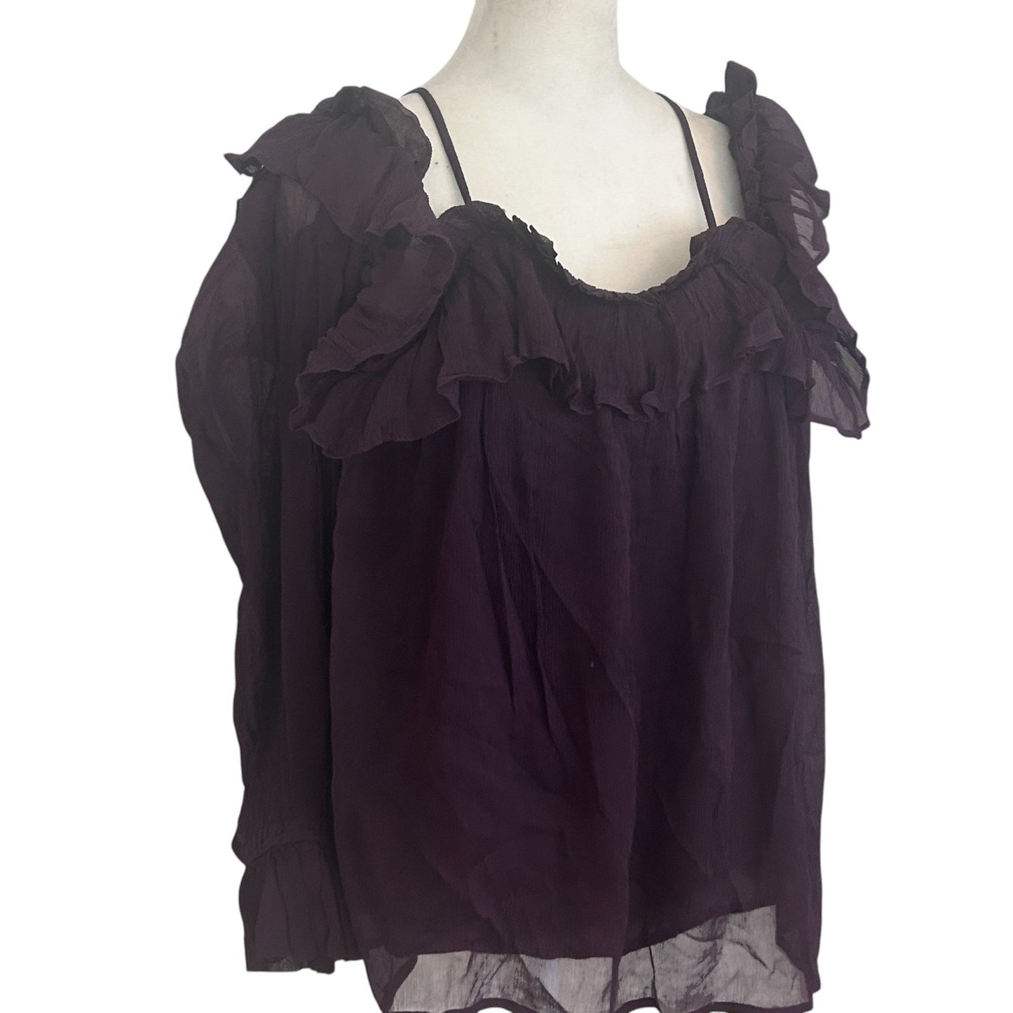 Anthropologie Dark Plum Purple Ruffled Cold Shoulder Blouse Womens Size Large
