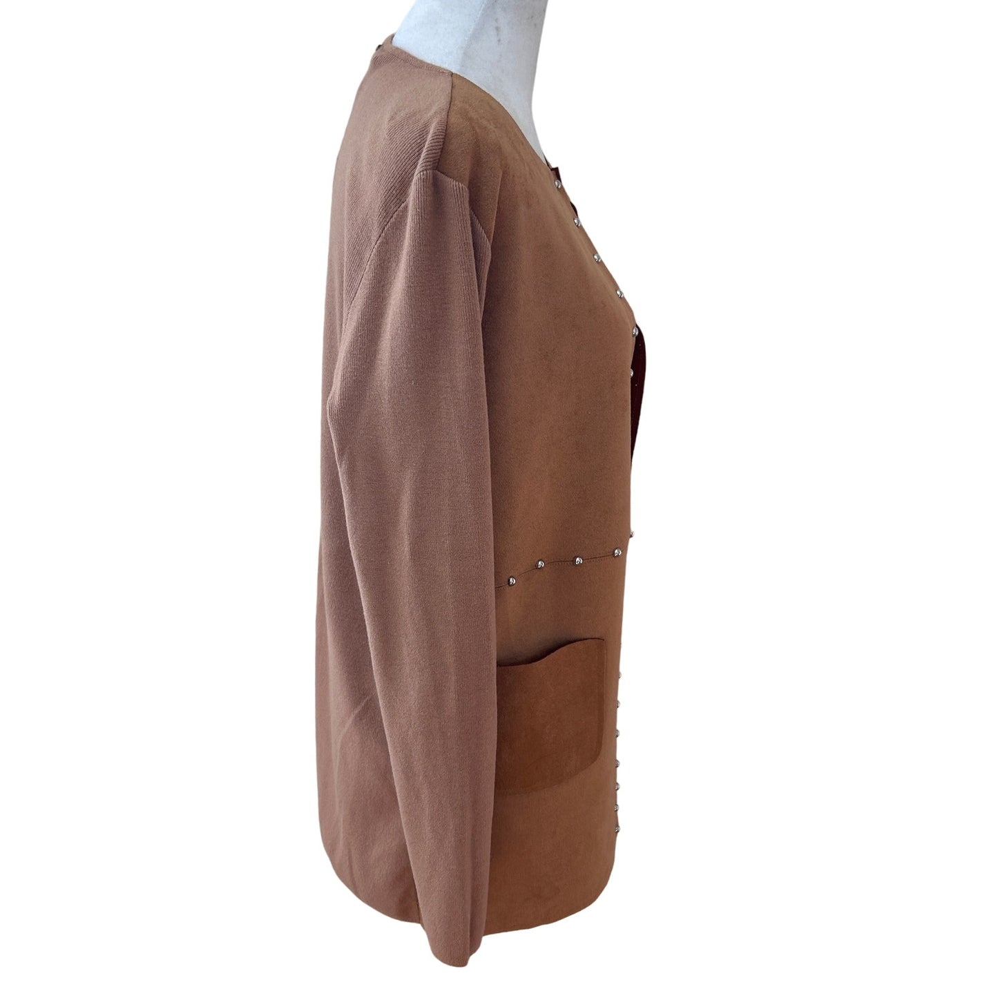 Sioni Caramel Brown Faux Suede and Knit Open Cardigan Womens Size Small NEW