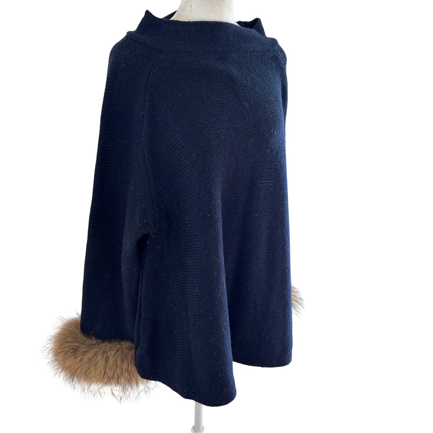 Muche et Muchette Navy Blue Turtleneck Sweater Raccoon Fur Cuffs Womens One Size