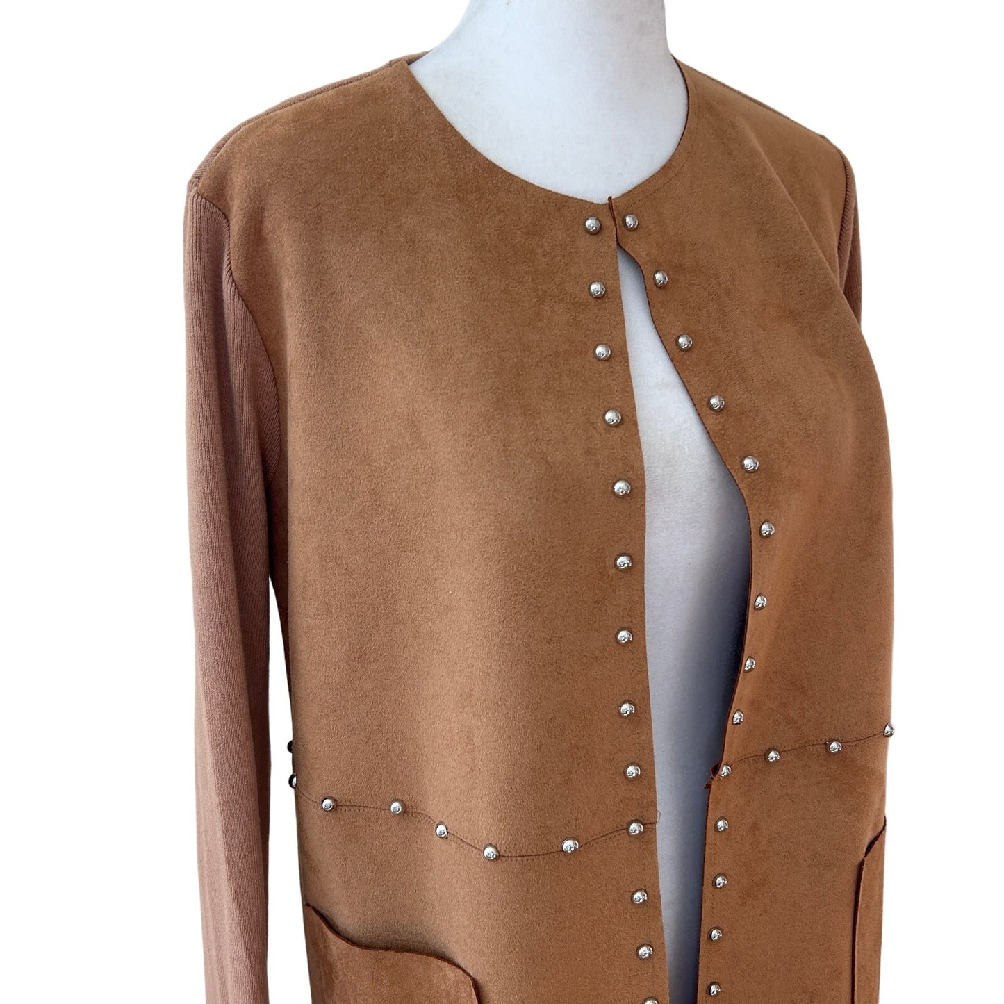Sioni Caramel Brown Faux Suede and Knit Open Cardigan Womens Size Small NEW
