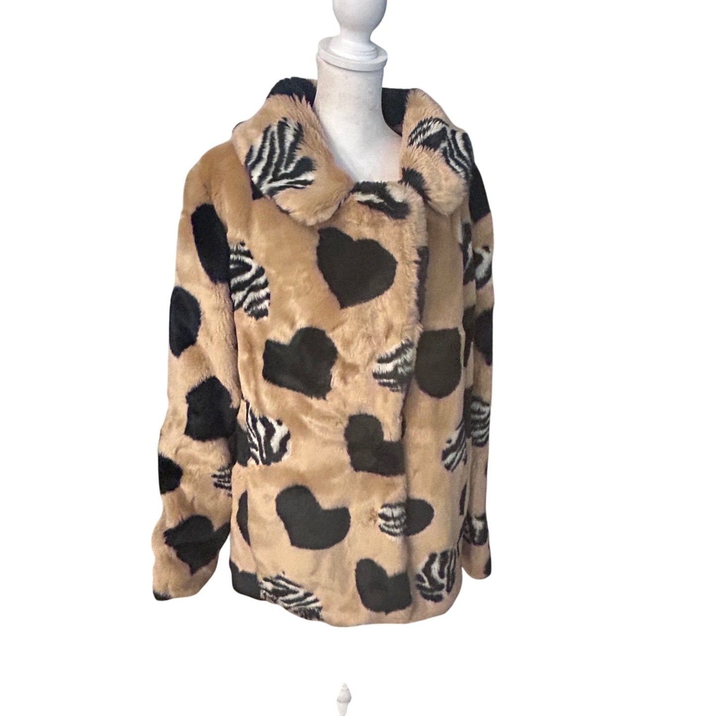 Anthropologie Maeve Faux Fur Coat Tan, Black and Zebra Hearts Womens Size Medium
