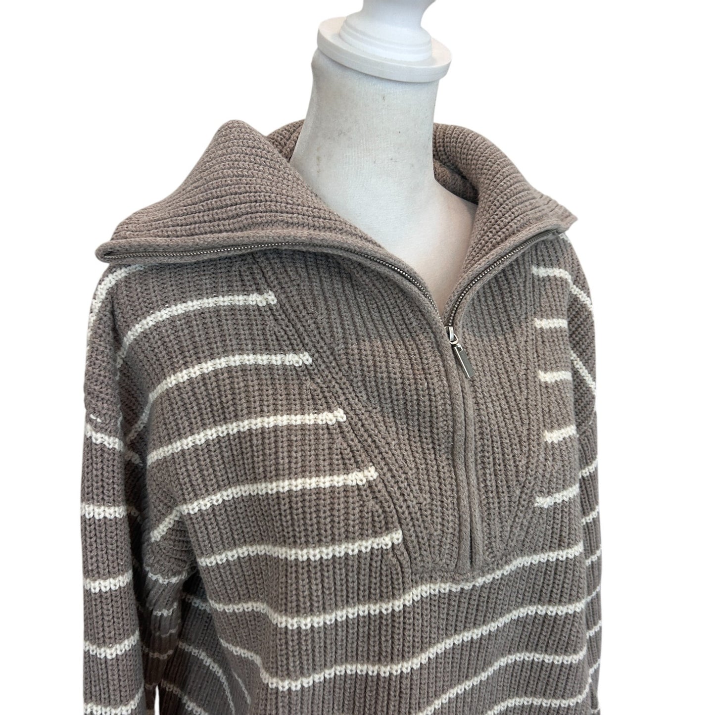 Z Supply NWT Villa Half Zip Sweater Taupe and White Stripe Womens Size Medium