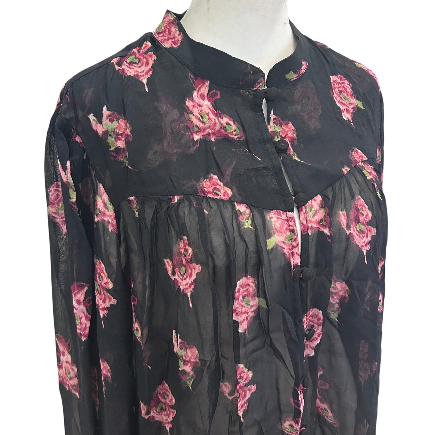 Anthropologie Black and Pink Floral Sheer Boho Flowy Blouse Womens Size Large