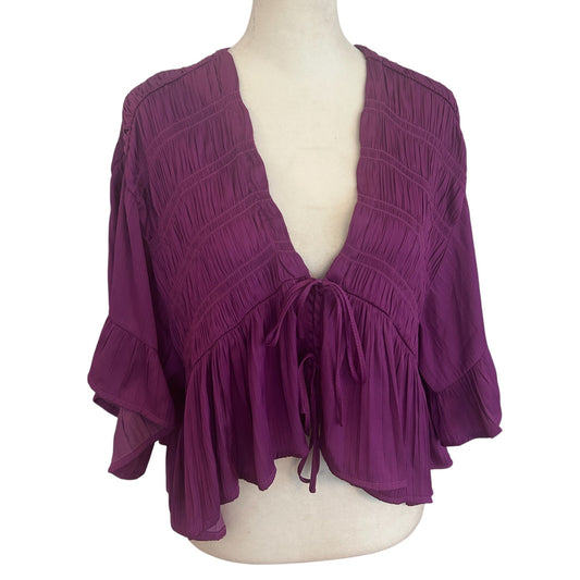 Anthropologie Magenta V-Neck Ruched Ruffled Boho Top Blouse Womens Size XS