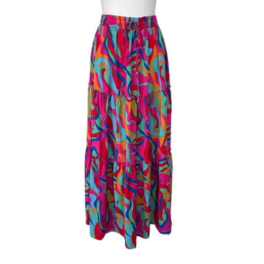 Pink, Blue, Green, Orange, Red Patterned BohoTiered Maxi Skirt Womens Size Small