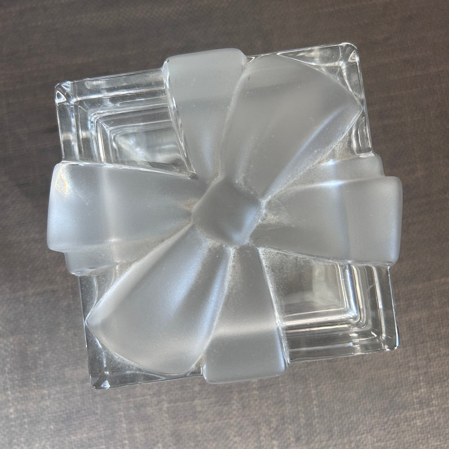 Tiffany Clear Glass Trinket / Jewelry Box Frosted Ribbon and Bow 3.25" Cube