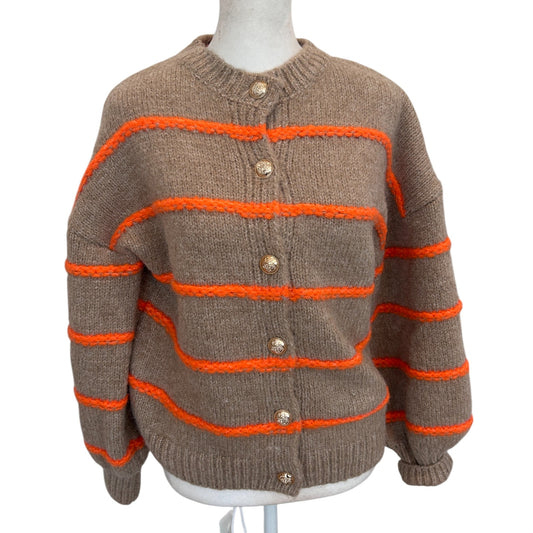Tan, Orange Stripe Gold Button Chunky Knit Bell Sleeve Cardigan Sweater Size XS