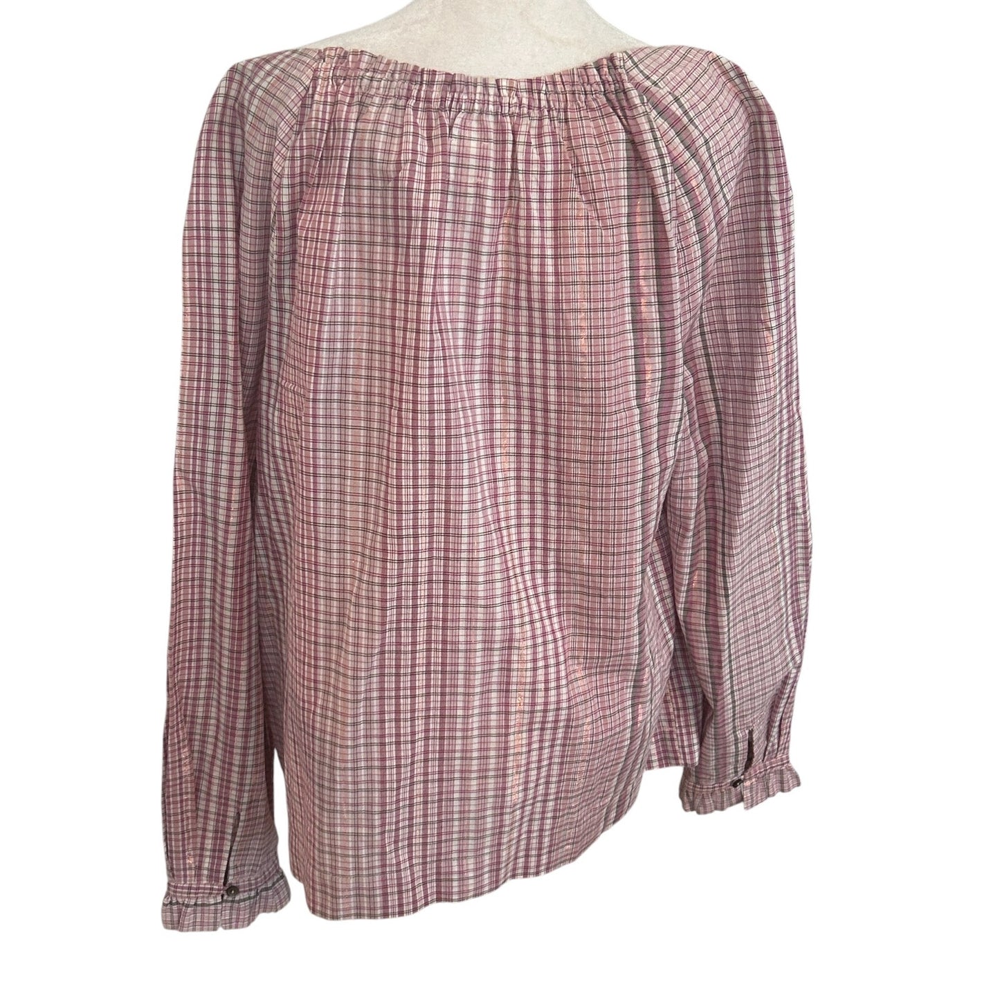 La Vie Rebecca Taylor Pink Plaid Long Sleeve V-Neck Ruffle Top Womens Size Large