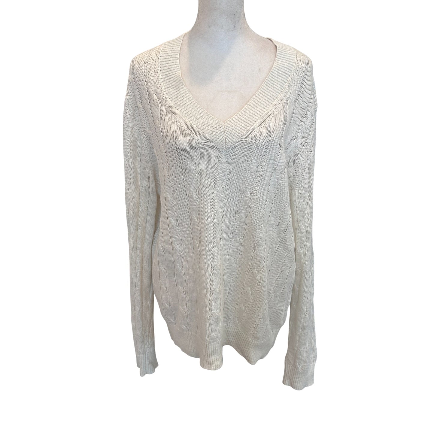 Brooks Brothers Ivory Linen V-Neck Cable Knit Sweater Womens Size Large