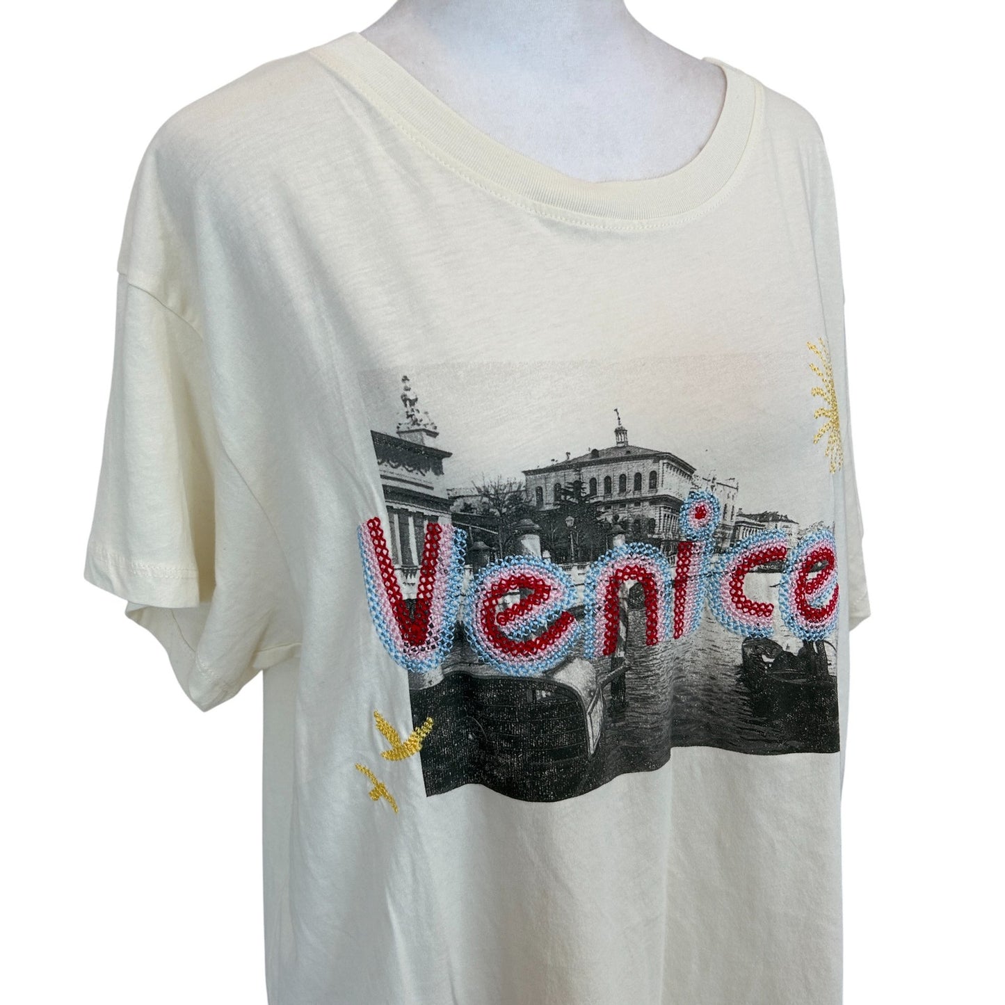 LETLUV Anthropologie Embroidered Tee Shirt Venice Italy Womens Size XL