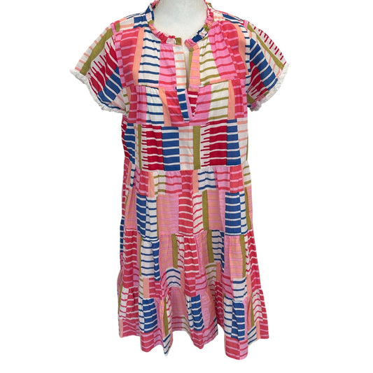THML Pink, Green, Blue, White, Geometric Mini Ruffled Dress Womens Size Small