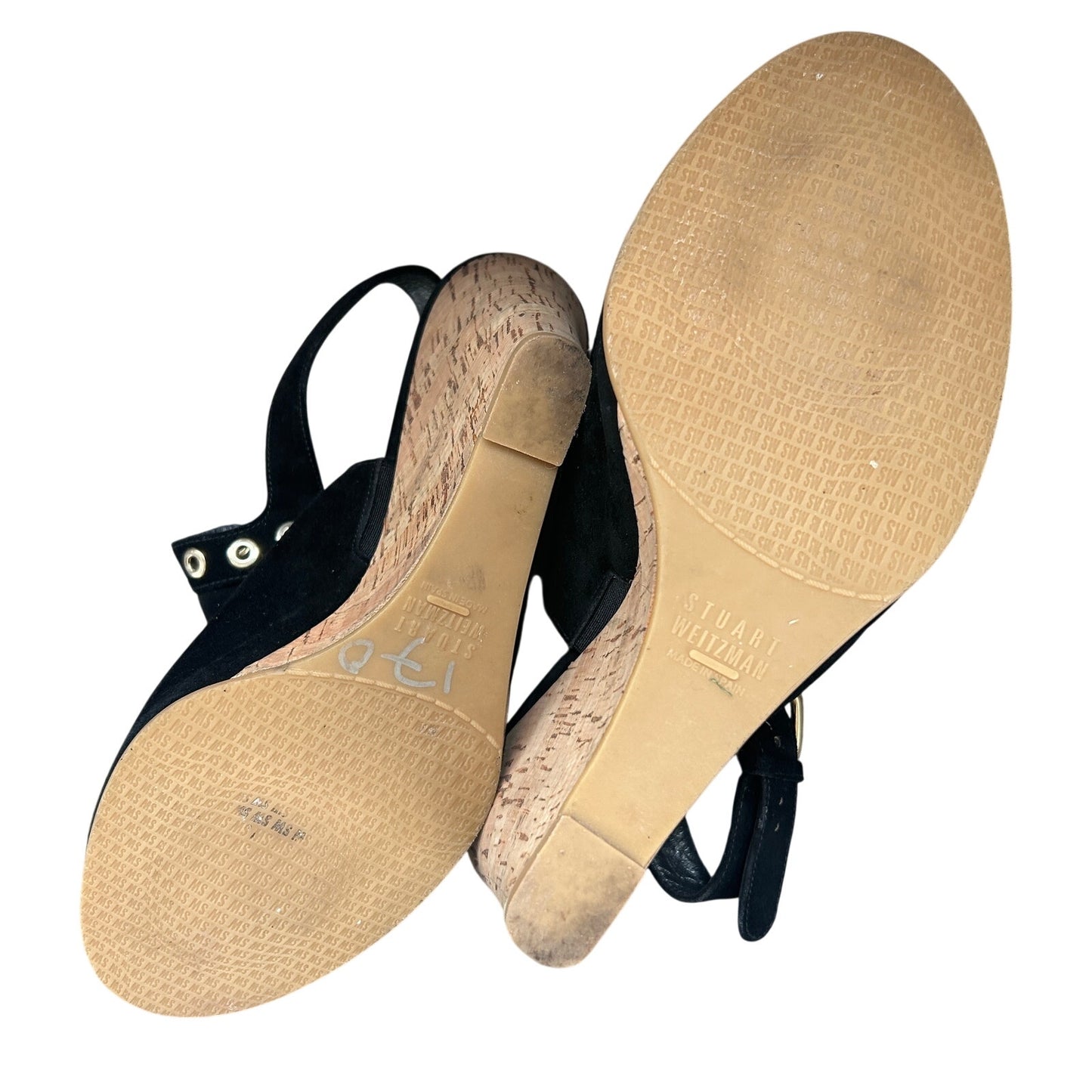 Stuart Weitzman Black Suede Cork Wedge Peep Toe Slingback Sandals Womens Size 9