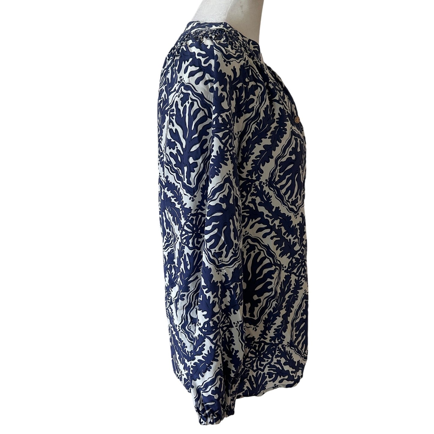 Lilly Pulitzer Elsa Silk Top Navy Blue and White Coral Design Beachy Size Small