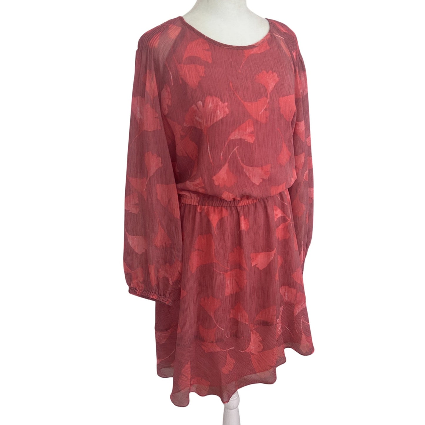 H Halton Pink Floral Long Sleeve Short Ruffled Dress Womens Size Large