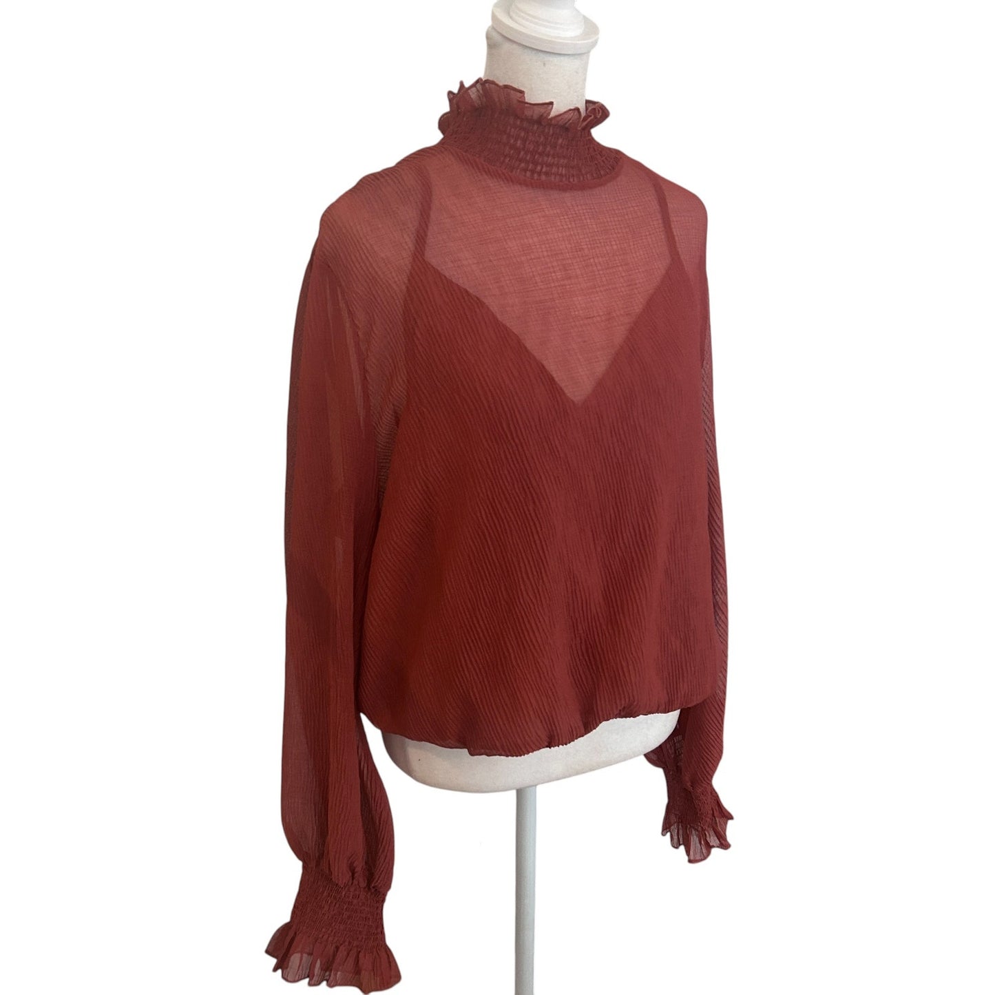 ASTR The Label Brown Long Sleeve Mock Neck Ruffled Blouse Womens Size XL
