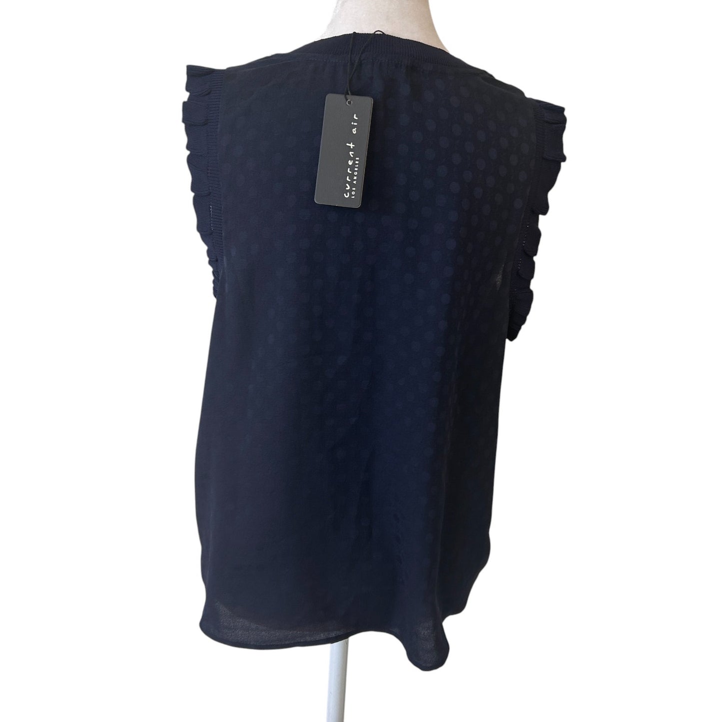 Current Air Navy Blue Polka Dot Ruffle Trim Sleeveless Top Womens Size Small NEW