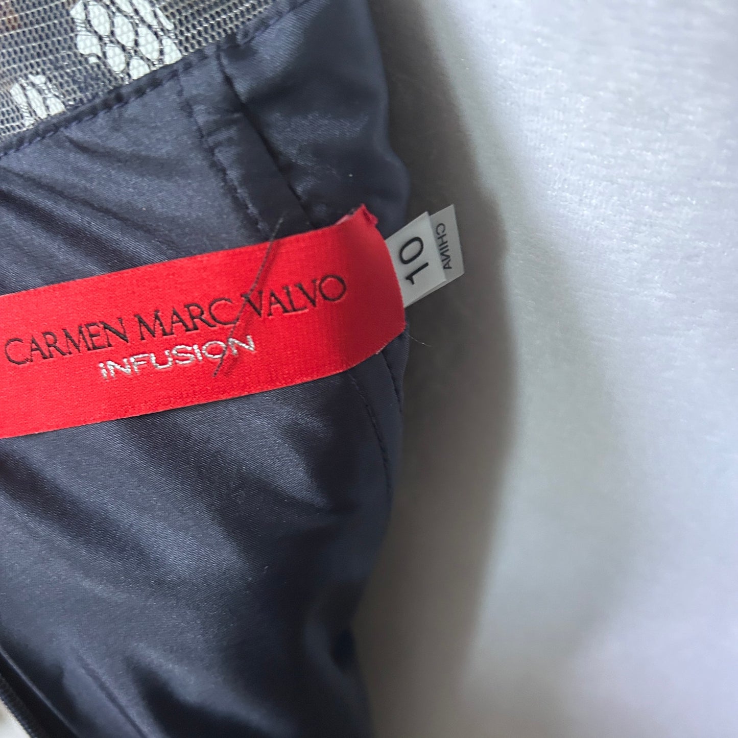 Carmen Marc Valvo Infusion Navy Blue Embellished Lace High Low Dress NEW Size 10